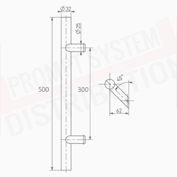 Maner inox prindere 45 grade lungime 500 mm